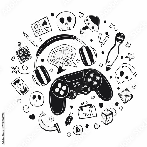 Wallpaper Mural Black and white illustration of gaming elements arranged in a circular composition, including a controller and headphones. Torontodigital.ca