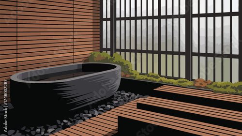 A dark stone bathtub sits in a wooden room with a window overlooking a misty outdoor scene outdoors