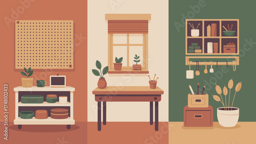 Illustration of a room with furniture including a shelf desk window and various plants decor items