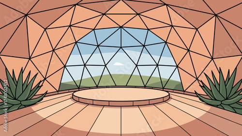 Interior view of a geodesic dome with plants and a stage overlooking a landscape illustration