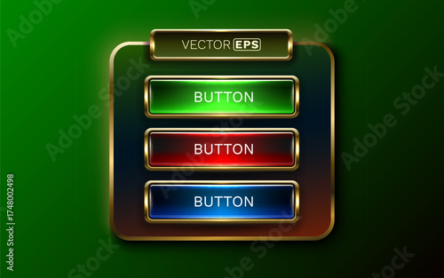 Glossy Metallic Web Buttons Set with Golden Frames.