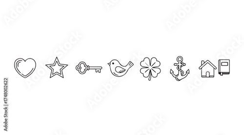 Collection of hand drawn sketchy icons featuring heart star key bird clover anchor house and building elements vector