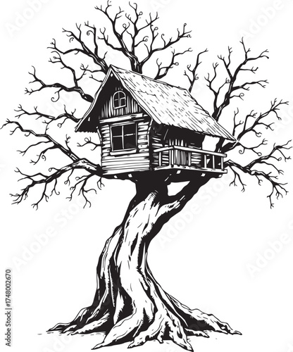 A treehouse. Hand drawn vector illustration