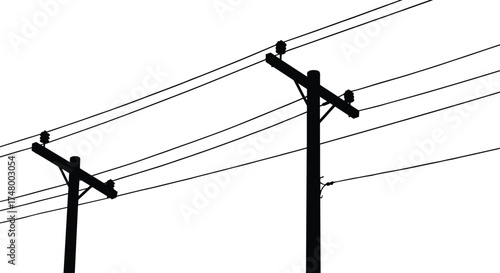 Utility pole silhouette, electrical power lines, urban infrastructure, energy distribution system, electricity grid, industrial structure, high voltage cables, city skyline