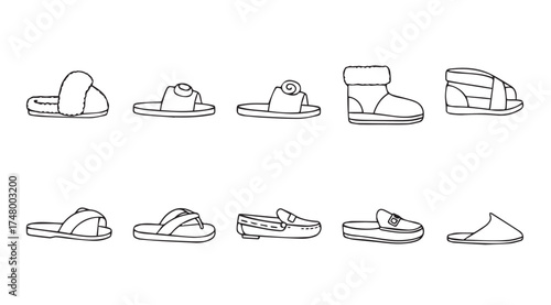 Collection of cozy footwear styles hand drawn line art featuring slippers boots and slides vector