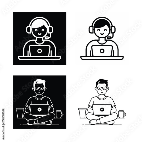 tutor teaching and student studying silhouette and outline vector icon
