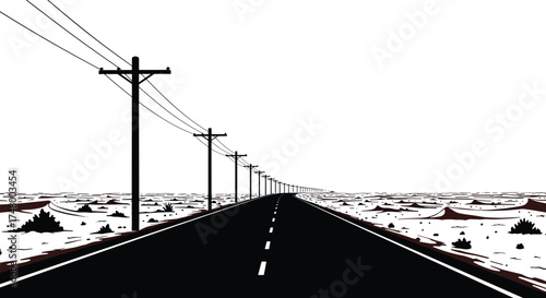 Long straight desert road, empty highway perspective, utility poles with power lines, minimal landscape, arid terrain, travel freedom, infrastructure, horizon distance, remote environment, solitude