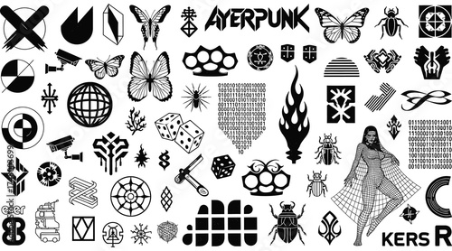 Vector art of a collection of various black and white vector elements, including abstract shapes, symbols, and icons, perfect for adding a unique touch to graphic design projects and illustrations