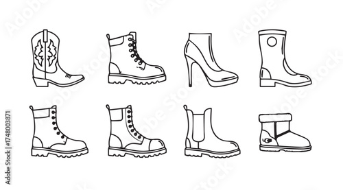 Collection of diverse footwear styles in detailed line art sketches for fashion and design vector