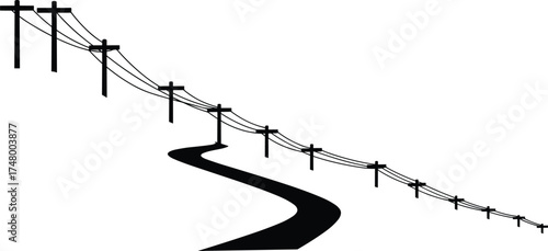 Winding road illustration with utility poles, power lines perspective, minimal vector landscape, rural highway design, electricity infrastructure art, depth concept drawing,