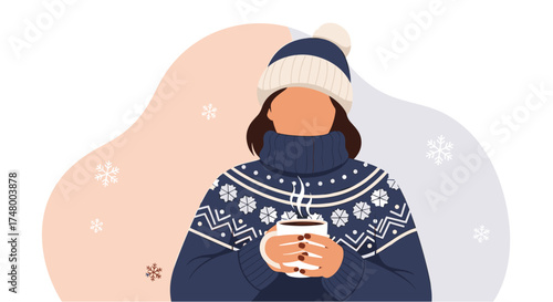 A cozy illustration depicts a person enjoying a warm beverage, wearing a winter hat and sweater, with a soft background of snowflakes.