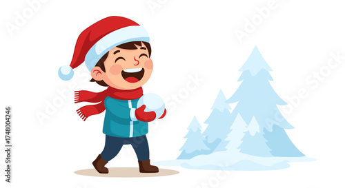 An excited young boy wearing a winter hat and scarf is happily playing with a snowball near snowy fir trees in a winter scene.
