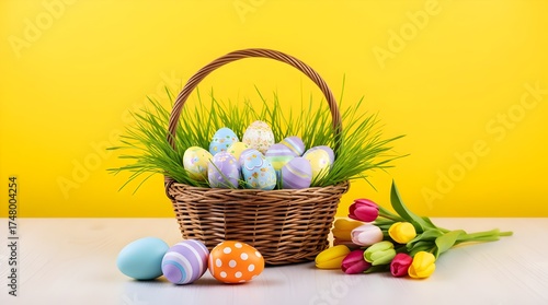 A charming easter basket overflowing with colorful eggs and fresh green grass, accompanied by a vibrant bouquet of tulips against a bright yellow background