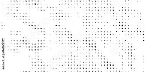 Abstract halftone pattern with irregularly arranged black dots of varying sizes on a white background, creating a textured and dynamic visual effect.
