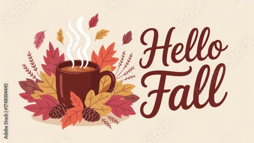 Illustration of a mug with steam, surrounded by autumn leaves and pinecones, with hello fall text