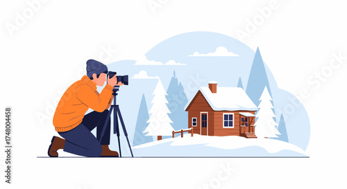 A photographer kneels, capturing a winter scene of a snow-covered cabin nestled amidst snow-laden trees and a serene, snowy landscape.