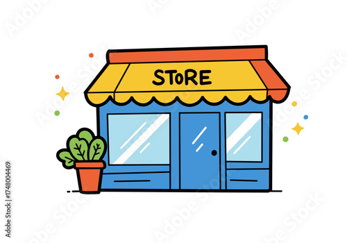 Colorful storefront illustration with a potted plant and signage  