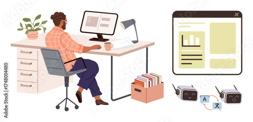 Professional using a computer at desk for language translation. Includes software window, books, and robots. Ideal for translation, technology, productivity, AI, remote work education innovation