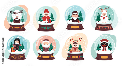 A collection of charming snow globes, each showcasing festive Christmas characters like Santa, reindeer, and snowmen, perfect for holiday designs.
