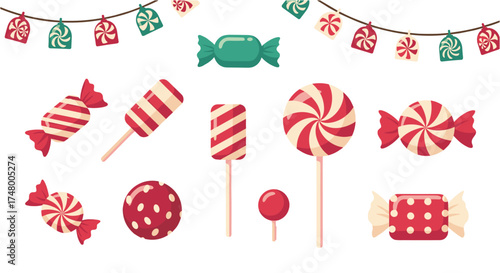 Festive illustration of various candies and sweets, including lollipops, wrapped treats, and decorative garland for holiday celebrations.