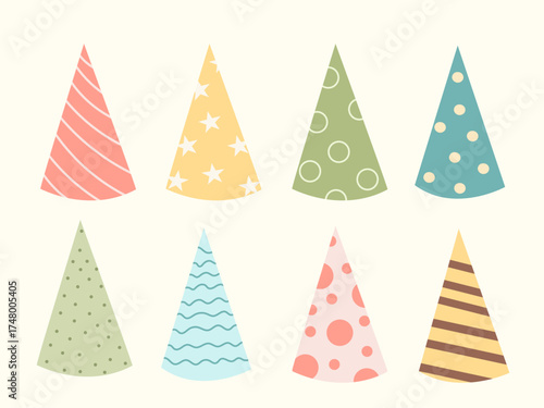  A charming collection of eight festive party hats in different colors and patterns: stripes, stars, dots, waves. Perfect for birthday celebrations, invitations, banners, and holiday designs