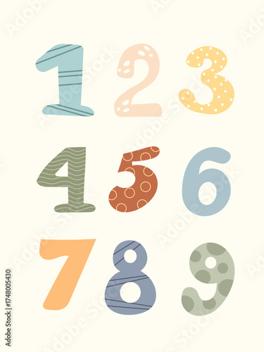 A fun and colorful collection of stylized numbers  one through nine with various patterns and textures.  Educational decorative elements, useful for holiday card designs, posters, and children's proje