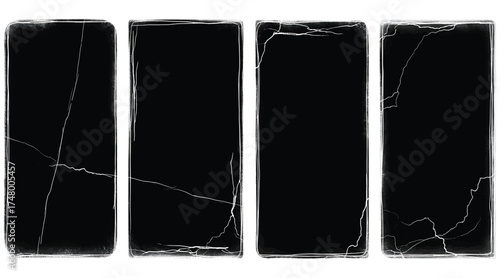 Vector art of set of four grunge frames with distressed edges and cracked textures, perfect for adding a vintage or wornout look to your photos and designs