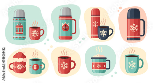 A delightful illustration showcases a collection of thermoses and mugs, perfect for enjoying warm beverages during the winter season.