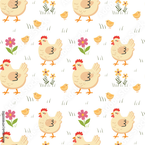 Seamless pattern with chickens, herons, flowers. Vector flat illustration in cottage core style for wallpaper, packaging, textiles