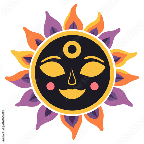 Black sun face psychadelic illustration. Editable color vector