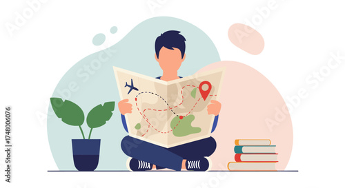 A person sits cross-legged, engrossed in a map, planning a journey with a plant and books nearby, envisioning travel adventures.