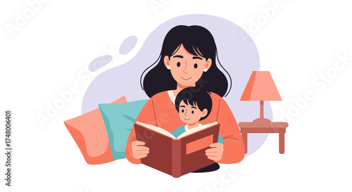A loving mother reads a book to her child, creating a cozy and heartwarming moment of shared connection and education in a peaceful setting.