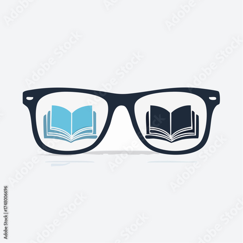 Wallpaper Mural A pair of dark-rimmed glasses with an open light blue book in the left lens and a dark blue book in the right lens, on a white background. Torontodigital.ca