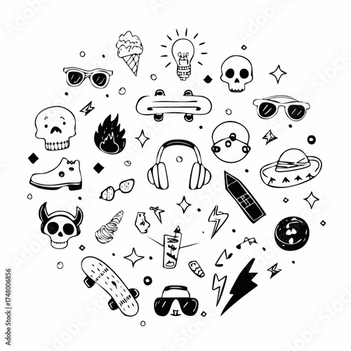 Hand-drawn doodle icons of youth culture in a circular arrangement.