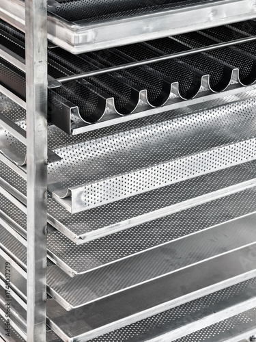 Stainless steel shelving unit with various racks showcasing food preparation equipment in a commercial kitchen space