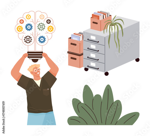 Man lifting a lightbulb with colorful gears symbolizing creativity and innovation, next to file cabinets stacked with documents and a plant. Ideal for innovation, organization, teamwork
