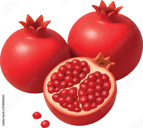 Fresh pomegranates with vibrant red seeds, perfect for healthy eating promotions and Mediterranean diet visuals, a burst of flavor and nutrition in every bite