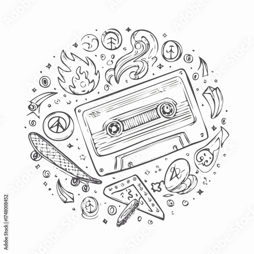 Monochrome circular doodle art featuring a retro cassette tape, skateboard, and other nostalgic youth culture symbols.