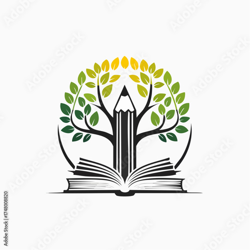 Wallpaper Mural Creative logo depicting an open book with a pencil forming a tree, symbolizing education, knowledge, and growth. Torontodigital.ca