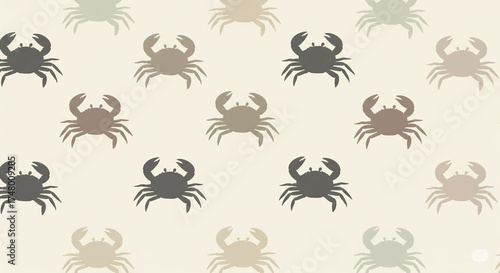 A repeating pattern of stylized crab silhouettes in various neutral tones is scattered across a light beige background