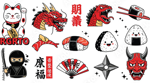 Vector art of collection of japanese themed pixel art illustrations set of lucky cat, dragon, godzilla, sushi, onigiri, ninja, fan, shuriken, and oni mask vector elements
