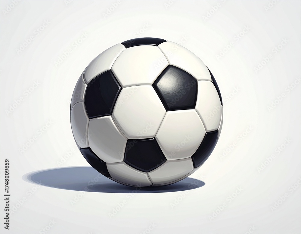 Obraz premium Classic black and white soccer ball with traditional pentagon and hexagon pattern, resting on light surface with shadow cast to the right, isolated and visually striking sports object.
