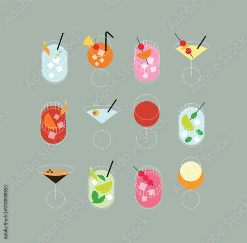 Cocktails set margarita, mojito, martini, old fashioned, cosmopolitan, bloody mary, whiskey sour, mai tai, pina colada, negroni drawing in minimalist line style on grey background