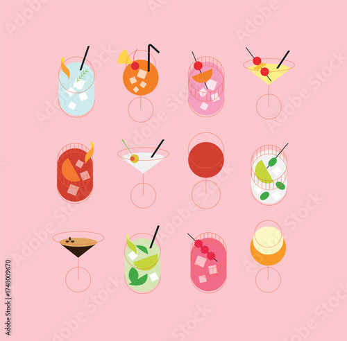 Cocktails set margarita, mojito, martini, old fashioned, cosmopolitan, bloody mary, whiskey sour, mai tai, pina colada, negroni drawing in minimalist line style on pink background