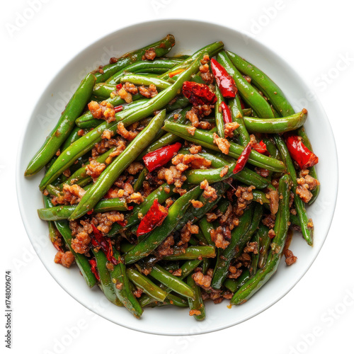 Stir-Fried Green Beans with Pork and Chili: A Flavorful Asian Dish for Home Cooking on transparent background