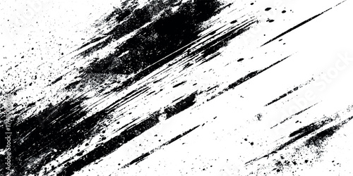 old stain Vector Diagonal Black Ink Brush Strokes with Splatter on White Background with grainy and dusty scratched various stripes line overlap on the whole background for creative design and works.