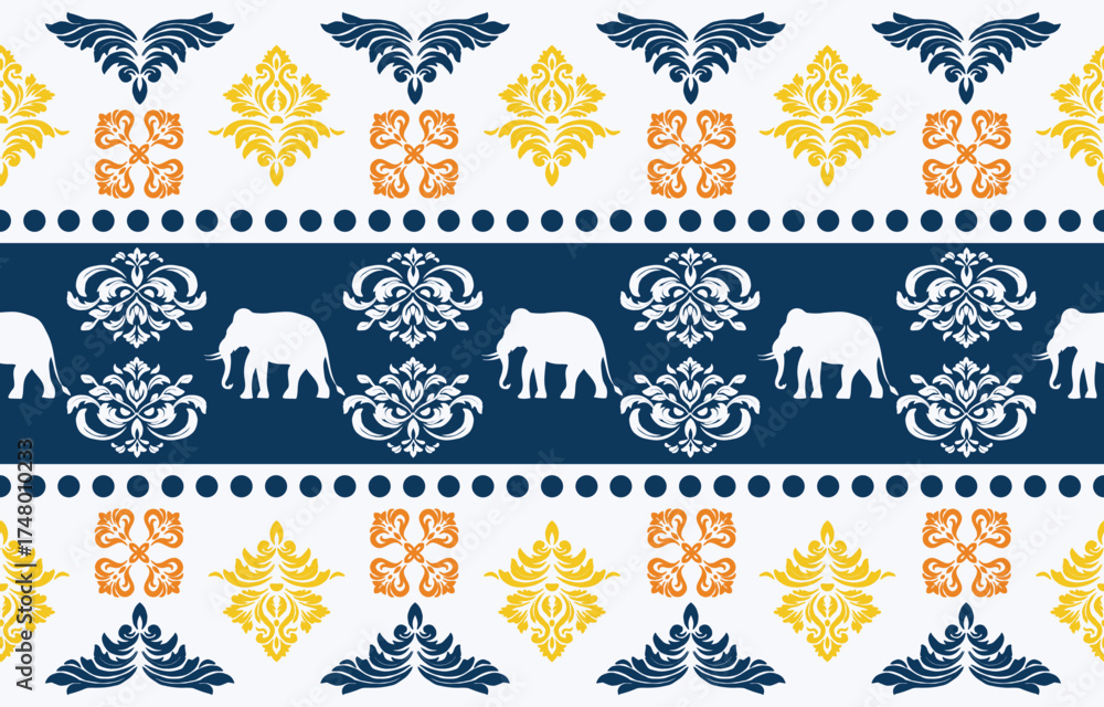 Fototapeta premium Elephant pattern. Seamless. White stripes, blue background. Ethnicity. Floral patterns, printed fabrics, pants, Lanna. 