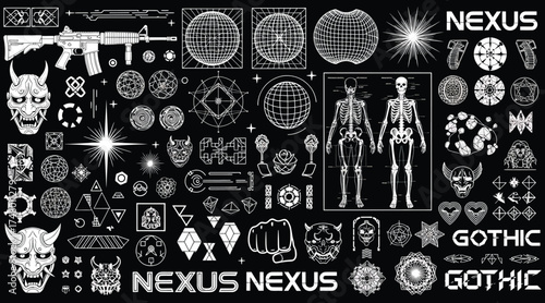 Vector art of a collection of cyberpunk and gothic elements, including skulls, weapons, and abstract designs, perfect for adding a dark, futuristic touch to your designs