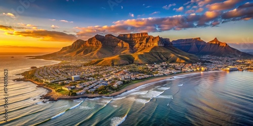 Detailed landscape of South Africa's Table Mountain at sunset with Cape Town skyline and Atlantic Ocean , south africa, landforms