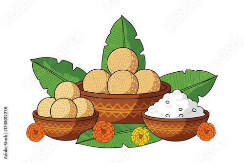 Festive sesame balls and rice bowls for pongal holiday